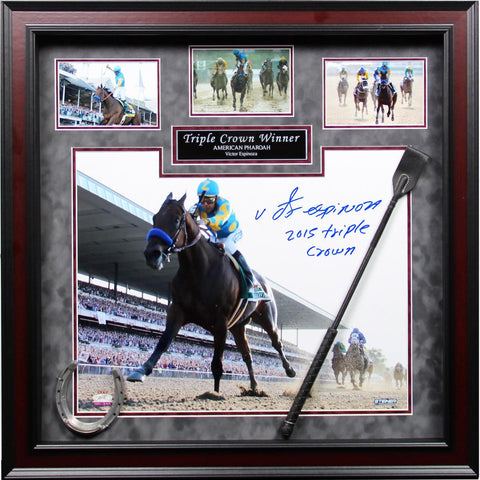 Victor Espinoza Signed American Pharoah Triple Crown Winner 24x24 Framed Collage w Whip & Shoe and 2015 Triple Crown Insc. (4 Ph