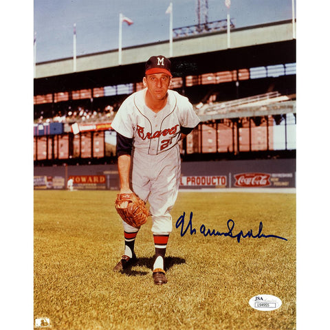 Warren Spahn Signed Stadium Background 8x10 Photo (JSA)