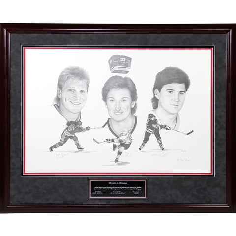 Wayne Gretzky Brett Hull Mario Lemieux Triple Signed 50 Goals in 50 Games Lithograph Elite Framed -LE250 (The Scoreboard Inc Cer