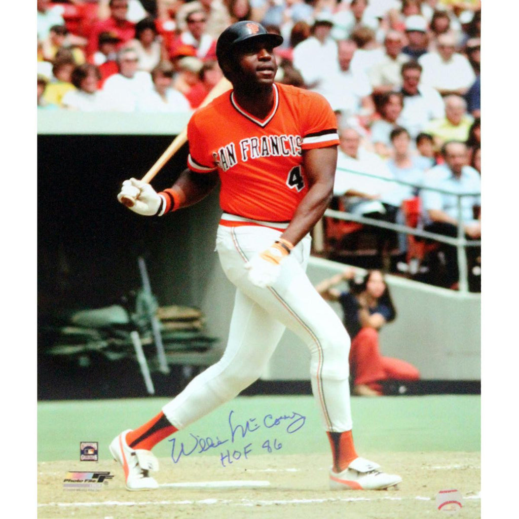 Willie McCovey Close Up Swing Orange Jersey Signed 16x20 photo w HOF 86eInsc.