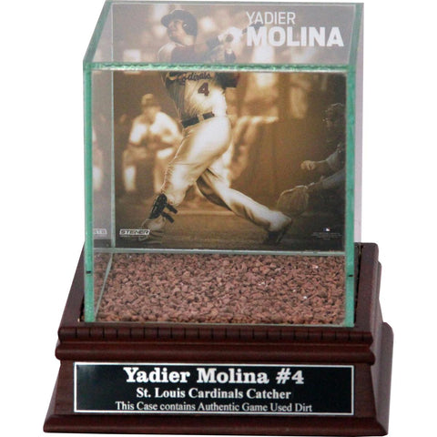 Yadier Molina Swinging Background Glass Single Baseball w Busch Stadium Authentic Dirt & Nameplate