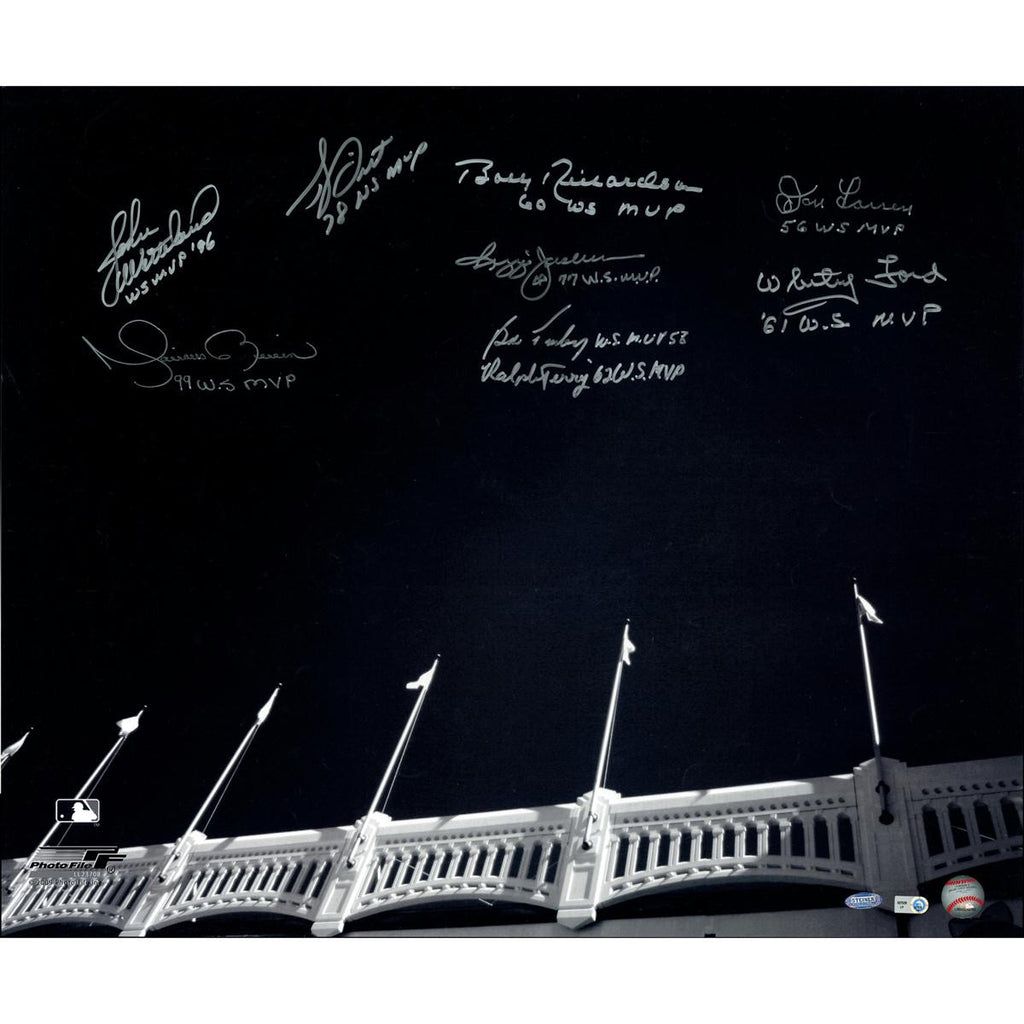 Yankees WS MVPs 9 Sig of Yankee Stadium Facades B&W 20x24 Photo (MLB Auth) (Sigs Ok Photos Scratched- No Jeter)