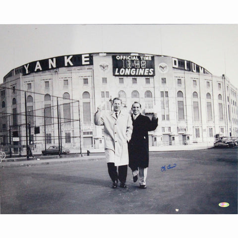 Yogi Berra Signed BW Standing Outside Original Yankee Stadium With Whitey Ford 16x20 Photo