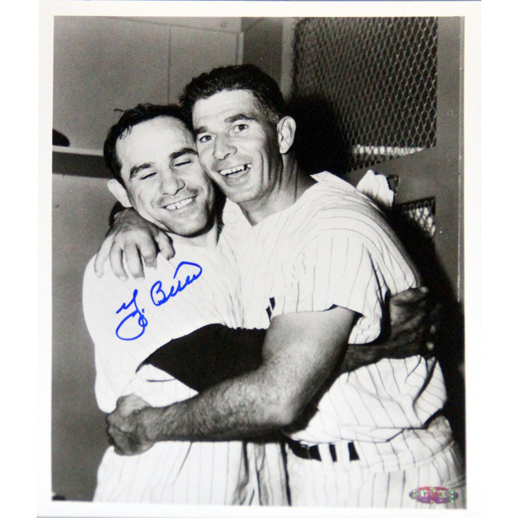 Yogi Berra Signed Hugging Yankee Player BW 8x10 Photo