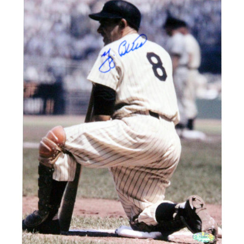 Yogi Berra Signed Pose Kneeling in Grass with Bat Back View 8x10 Photo