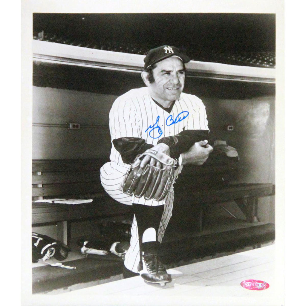 Yogi Berra Signed Posing in Dugout Antique 8x10 Photo