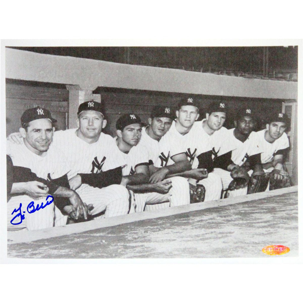 Yogi Berra Signed Posing in Dugout with Yankee Players Horizontal 8x10 Photo