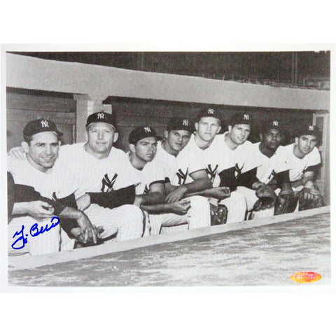 Yogi Berra Signed Posing in Dugout with Yankee Players Horizontal 8x10 Photo