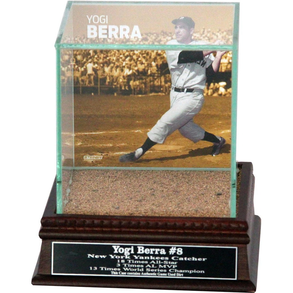 Yogi Berra Swinging Background Glass Single Baseball w Yankee Stadium Authentic Dirt & Nameplate