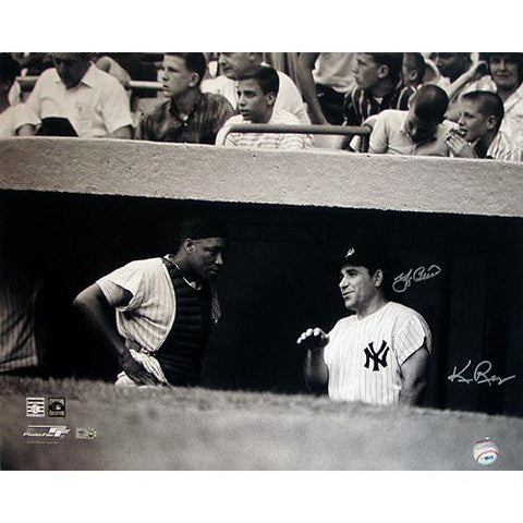 Yogi Berra w Elston Howard in Dugout B&W Horizontal 16x20 Photo (Signed by Regan) (MLB Auth)