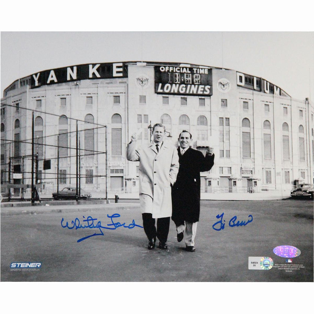 Yogi BerraWhitey Ford Dual Signed BW Standing Outside Original Yankee Stadium 8x10 Photo (MLB Auth)